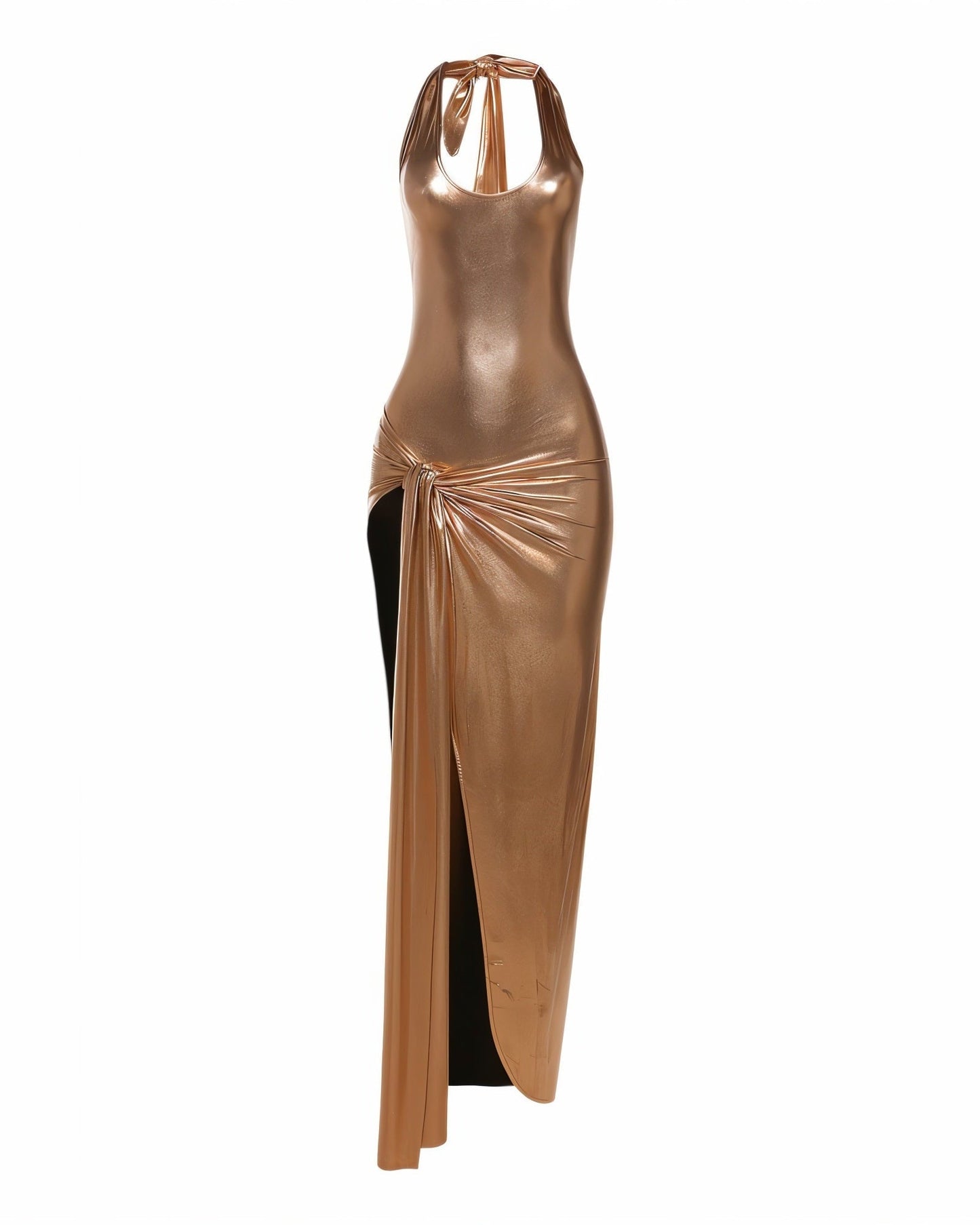NEW Metallic Ruched High-Slit Maxi Dress